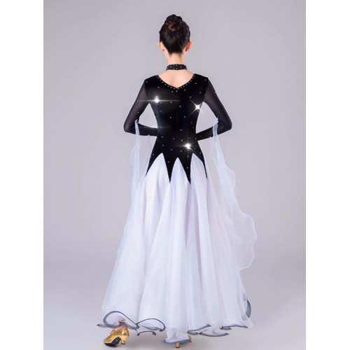 Black with white patchwork competition ballroom dance dresses for women girls flowy forxtrot smooth tango foxtrot rhythm dance long gown for lady